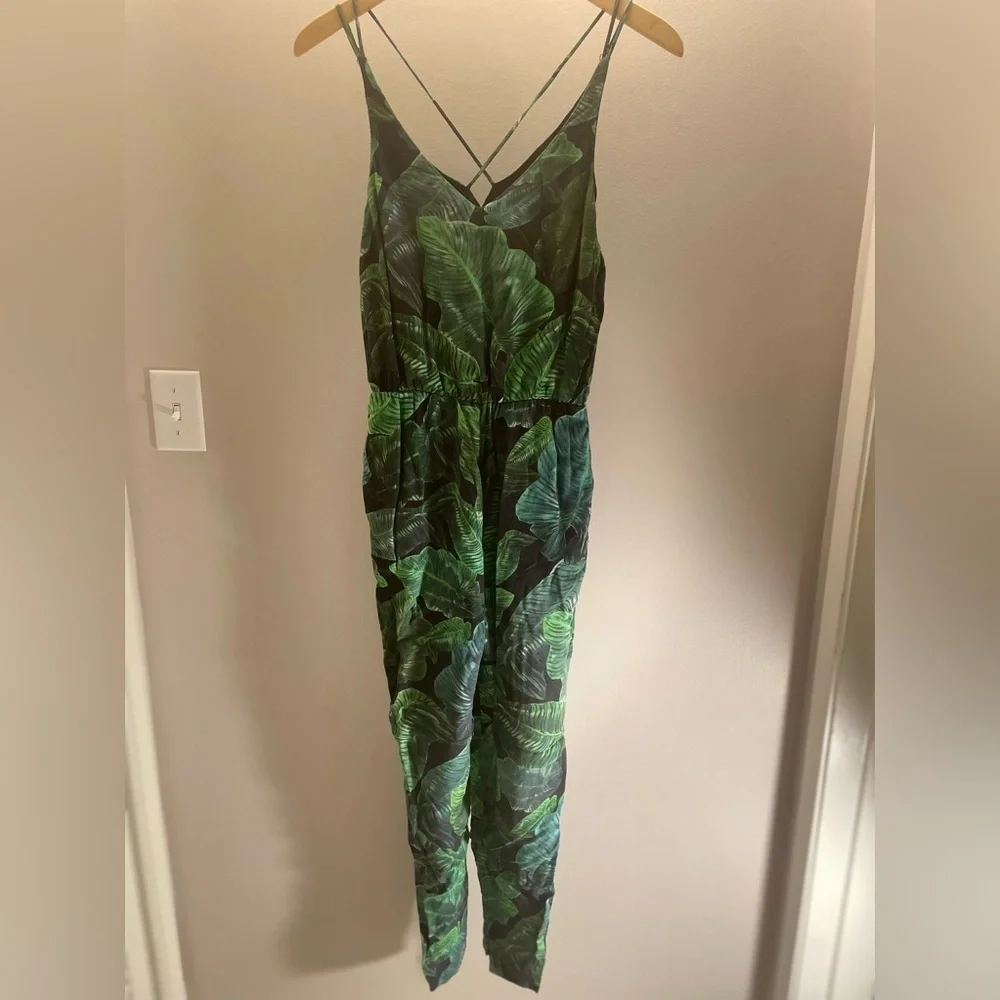Topshop Women’s Green Palm Print Spaghetti Strap Romper Jumpsuit Size 4 - Picture 2 of 8